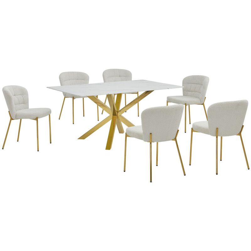 Best Quality Furniture Rectangle White Marble Wrap Glass Dining Table With 6 Cream Side Chairs