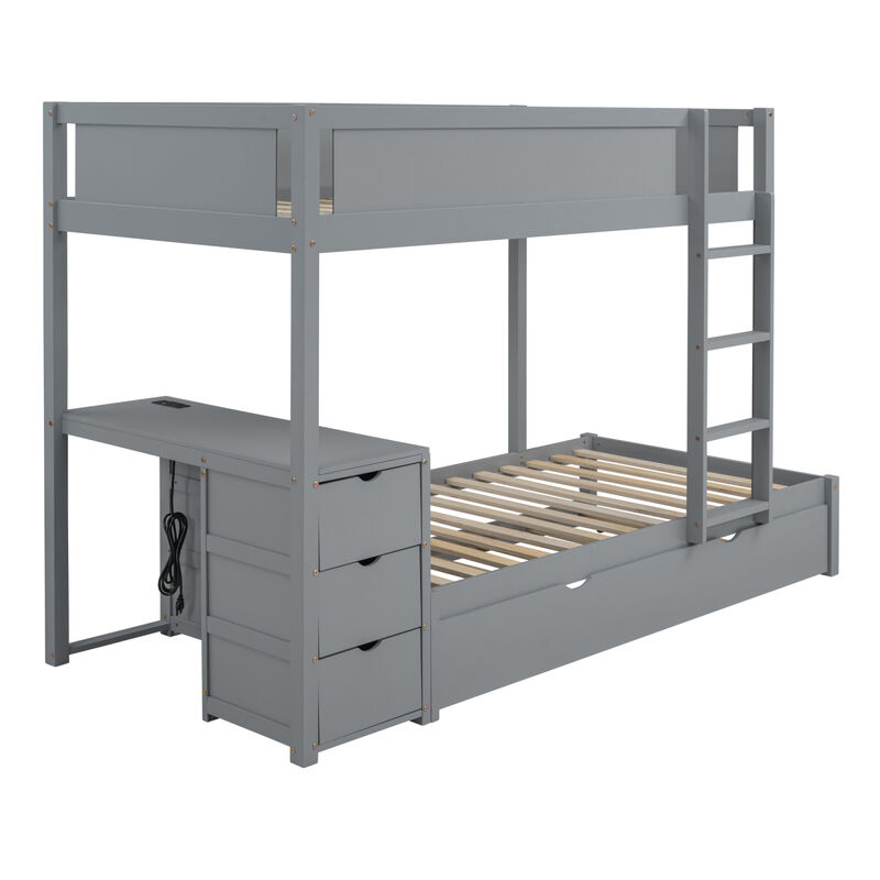 Twin Over Twin Bunk Bed With Twin Size Trundle, Storage And Desk, Gray