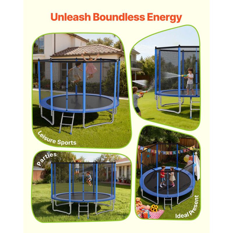 Heavy Duty Outdoor Trampoline with Enclosure Net, Round Backyard Trampoline for Kids & Adults-Blue image number 2