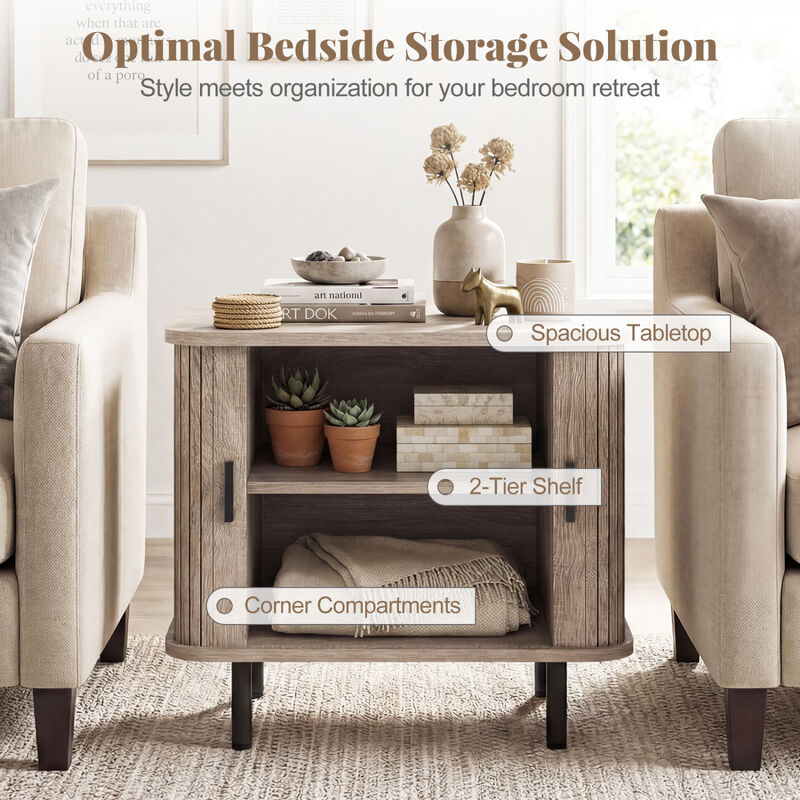 Modern Bedside Nightstand with Sliding Doors and Open Shelf for Bedroom image number 5