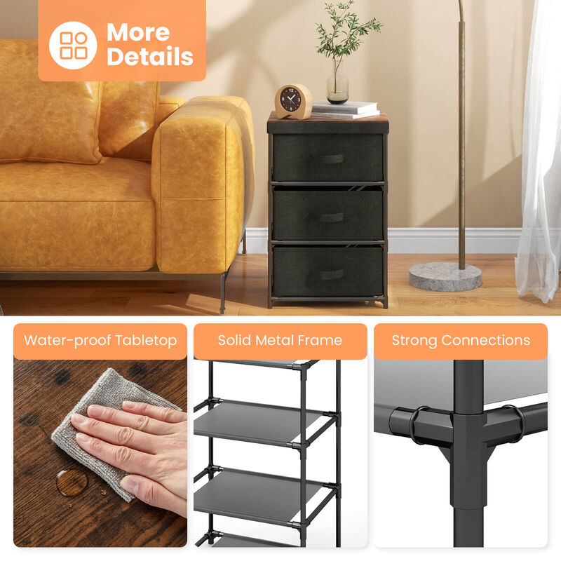 3-Tier Fabric Nightstand with Sturdy Metal Frame