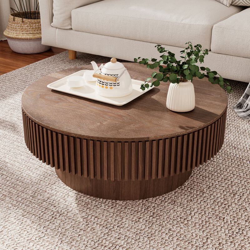 Round coffee table with storage Solid wood veneer and MDF coffee table with fluted base Modern accent coffee table for small spaces image number 3