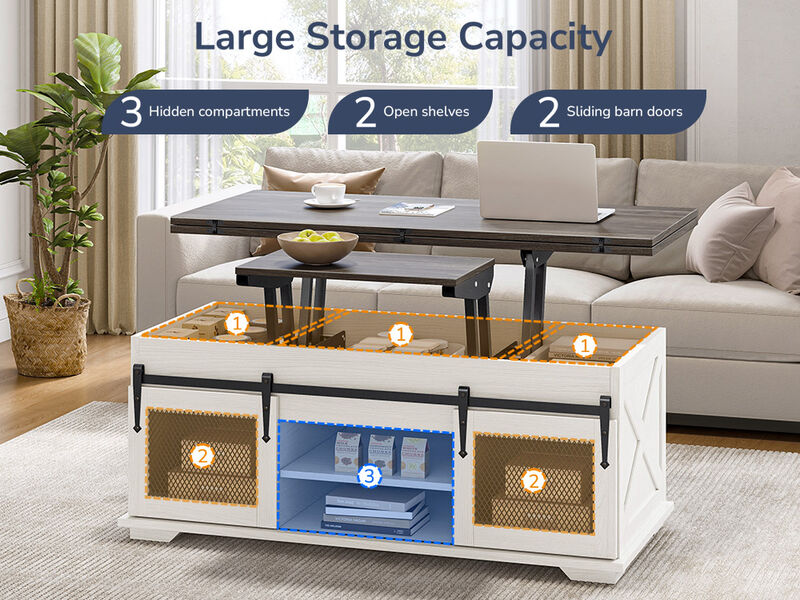 BELLEZE Lift Top Coffee Table, 44" Farmhouse Coffee Table with Storage & Sliding Barn Doors, 3 in 1 Multi-Function Coffee Table for Living Room, Dining Reception Room, Lawson - White Sand