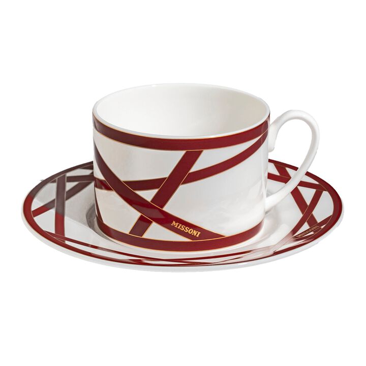 Tea Cup & Saucer NASTRI BORDEAUX Set of 2, cup diam. 3.35", H 2.36", saucer diam. 6.1"