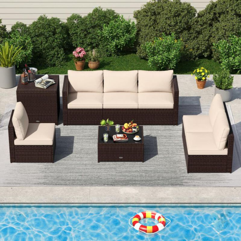 Hivvago 8 Piece Patio Furniture Set with Storage Box and Tempered Glass Coffee Table