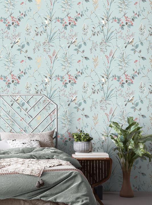 Mariko Light Blue Botanical Wallpaper