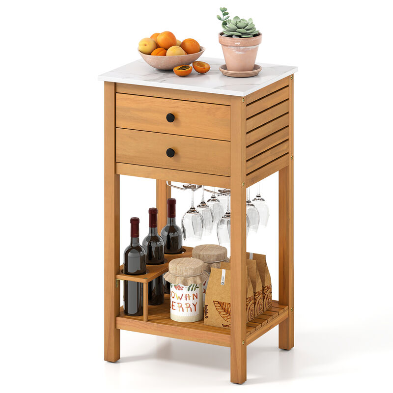 Patio Bar Table Storage Cabinet with Acacia Wood Frame and Faux Marble Top-Natural image number 3