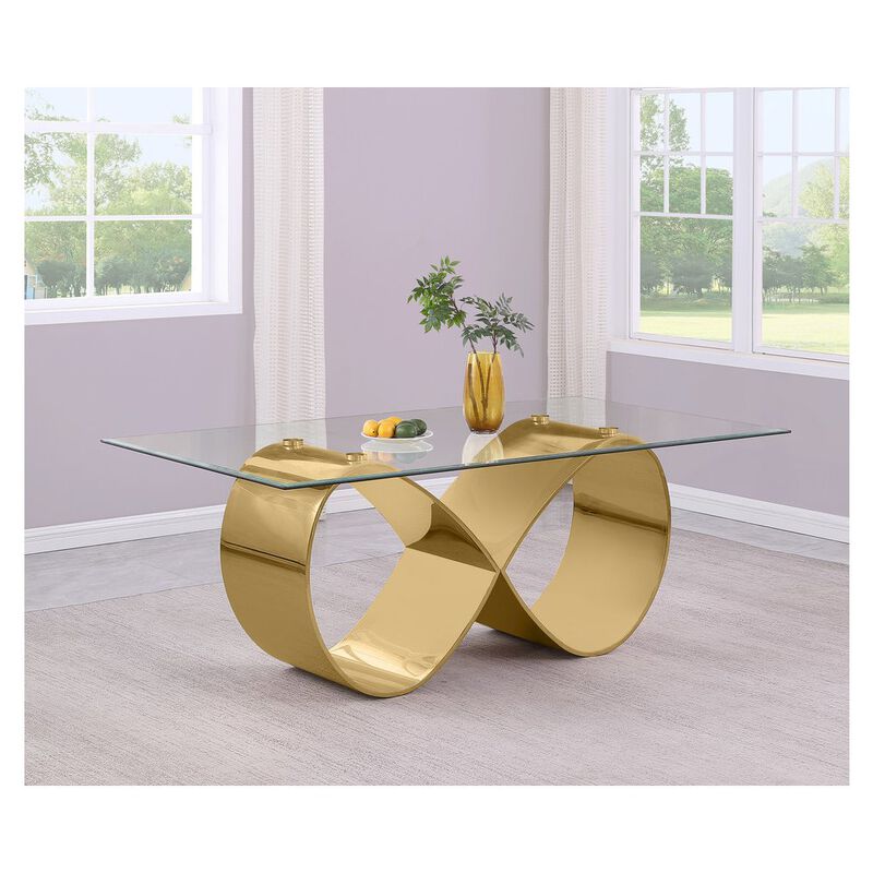 Best Quality Furniture 78X42 Tempered Glass Dining Table With An Infinity Gold Stainless Steel Base