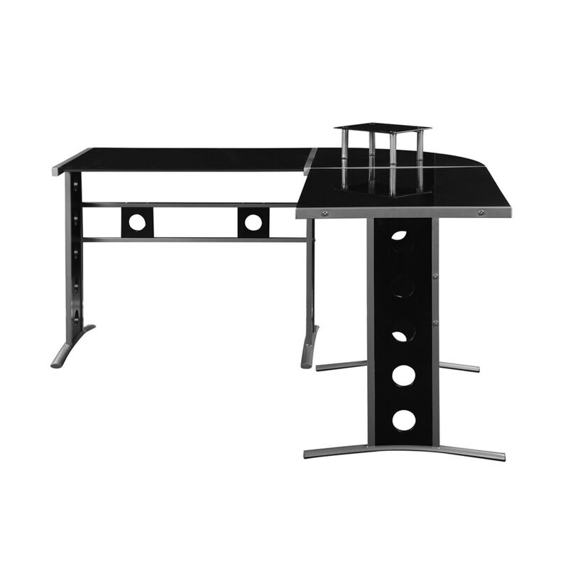 Captivating L Shape Black Computer Desk with Silver Frame-Benzara