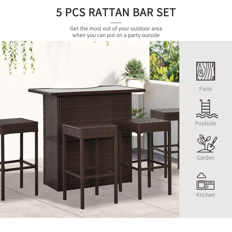 Outsunny 5 Piece Rattan Wicker Bar Set, High Top Outdoor Table and Chairs, Bar Height Patio Set with Glass Table Top 2 Tier Storage Shelf, and 4 Bar Stools for Garden, Poolside, Brown