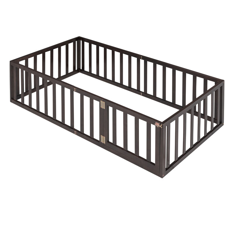 Twin Size Wood Floor Bed Frame with Fence and Door