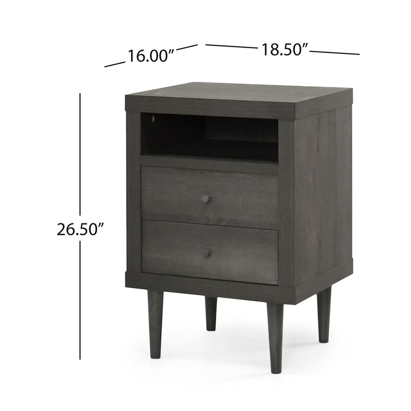 Minie Nightstand with 2 Drawers, Shelf, Rubberwood Legs, Dark Gray - Benzara