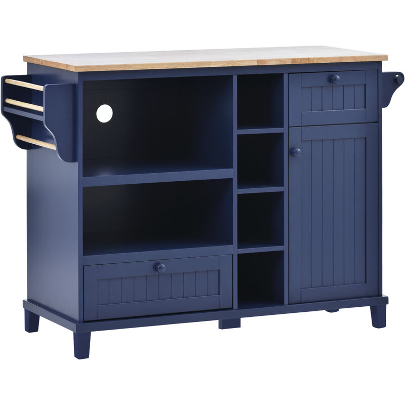 Kitchen Island Cart with Storage Cabinet and Two Locking Wheels, Solid wood desktop, Microwave cabinet, Floor Standing Buffet Server Sideboard for Kitchen Room, Dining Room, Bathroom(Dark blue)