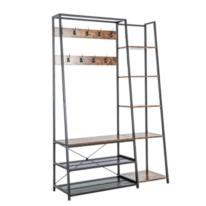 Hivvago 5-in-1 Entryway Hall Tree with Storage Bench with 9 Hooks-Rustic Brown