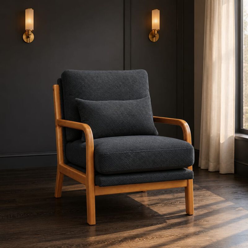 GOODSILO Mid-Century Modern Wooden Lounge Chair with Nubby Upholstery, High-Density Foam Cushion for Home and Office Use image number 3