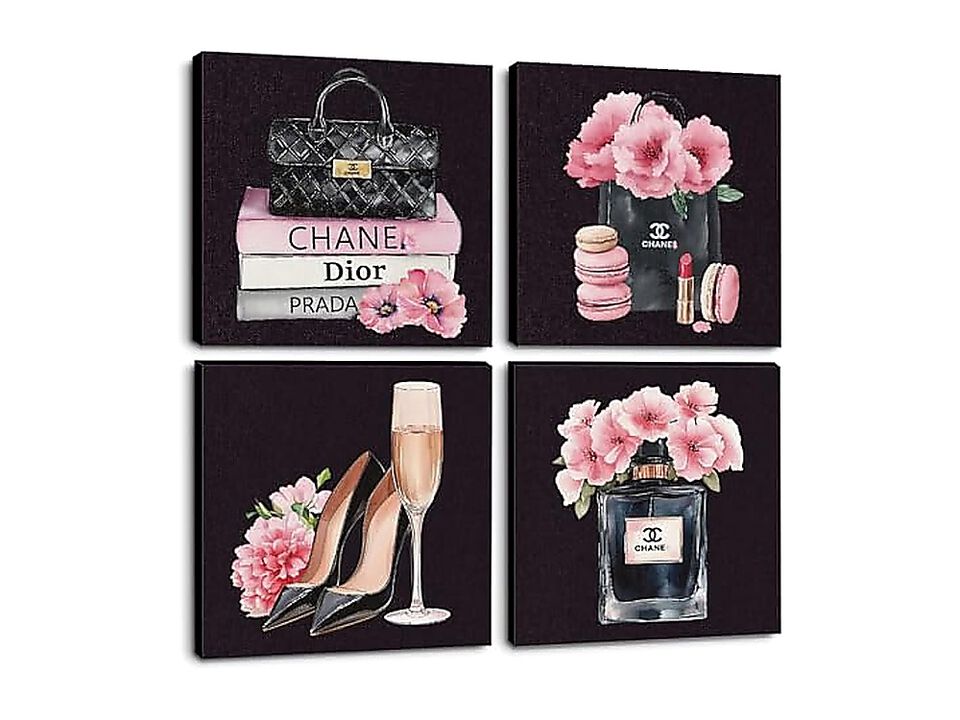 4 Pack Fashion Canvas Wall Art Pink Black Decor Aesthetic Framed Posters Women