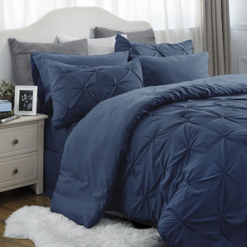 Bedsure Navy Comforter Set Queen - Bed in a Bag Queen 7 Pieces, Pintuck Bedding Sets Navy Blue Bed Set with Comforter, Sheets, P