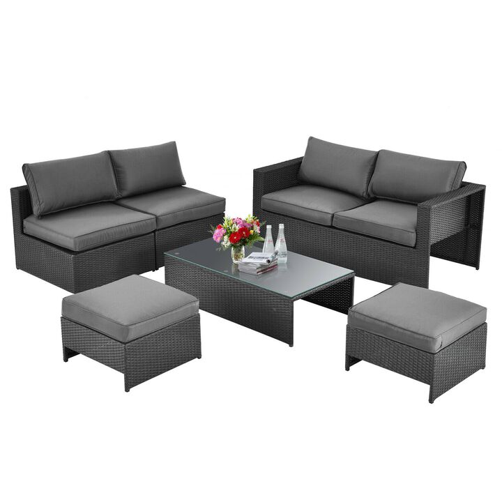 6 Pieces Patio Rattan Furniture Set with Glass Table and Cushioned Seat-Gray