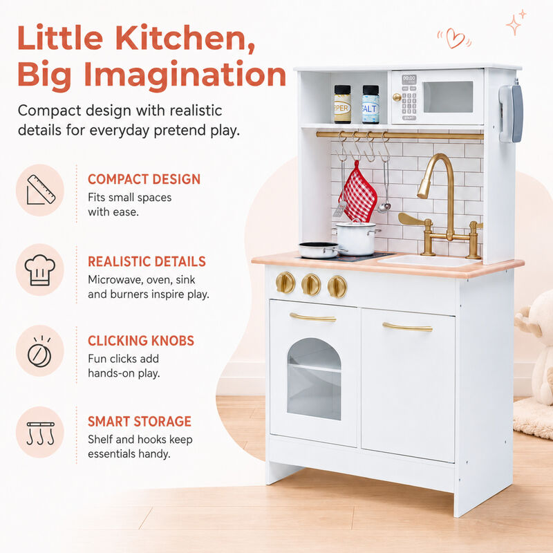 Teamson Kids Little Chef Boston Small Wooden Play Kitchen with Oven, Microwave, Sink, Clicking Knobs, Utensil Hooks and 9 Accessories image number 2