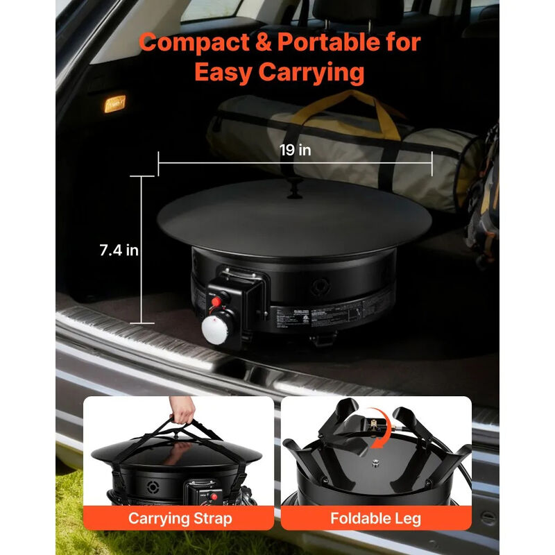 Portable Gas Fire Pit 53,000 BTU with Adjustable Flame, Lava Rocks & Grill Grate-Black image number 6