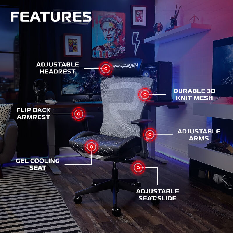 RESPAWN SPIRE Ergonomic Office Chair with Lumbar Support, Headrest, Adjustable Arms and Cooling Gel Seat Cushion, Comfy Breathable Mesh Seat for Home Office, High Back Reclining Gaming Chair
