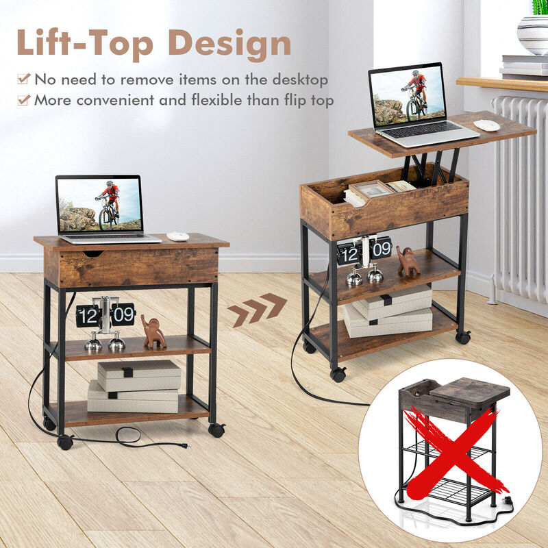 Lift Top End Table with Charging Station and Universal Wheels-Rustic Brown image number 7