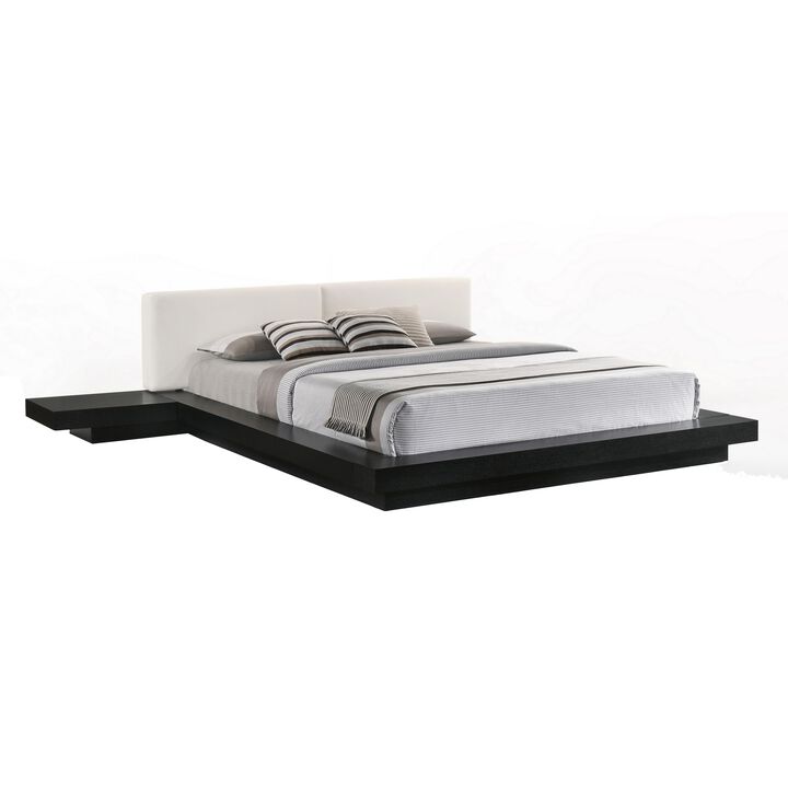 Nia Queen Size Bed, White Faux Leather, Black Low Profile Platform Bed - Benzara