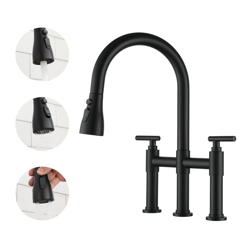 Mondawe 3 Way Spray Function Bridge Kitchen Faucet with Pull Down Sprayer 8" Widespread 360 Swivel Spout