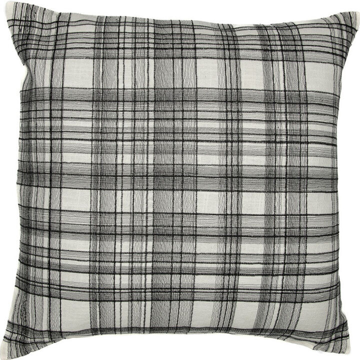 HomeRoots 24" White and Black Check Cotton Blend Throw Pillow With Embroidery