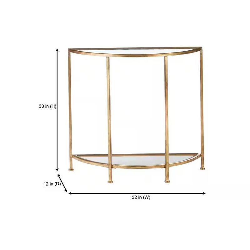 Hivvago Half-Circle Entryway Console Table Gold Metal Glass Top Bottom Shelf Sofa Table
