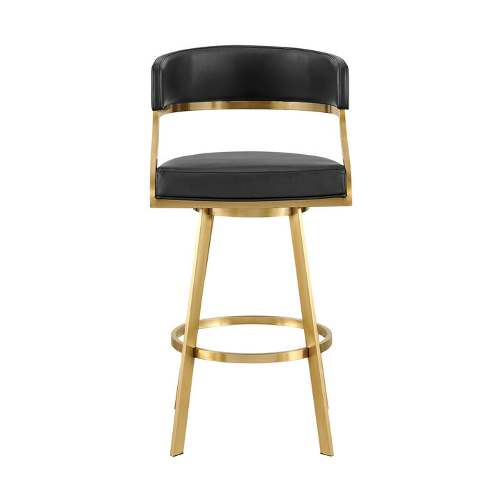 HomeRoots 30" Black and Gold Faux Leather and Stainless Steel Low Back Bar Height Swivel Bar Chair