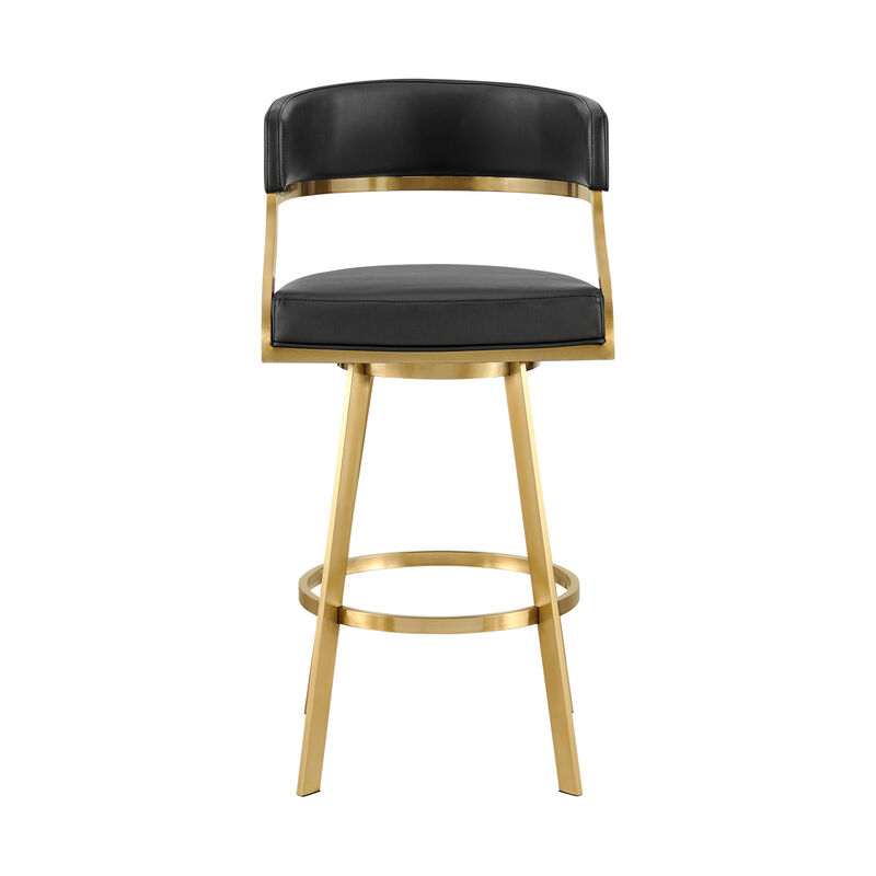 HomeRoots 30" Black and Gold Faux Leather and Stainless Steel Low Back Bar Height Swivel Bar Chair image number 0