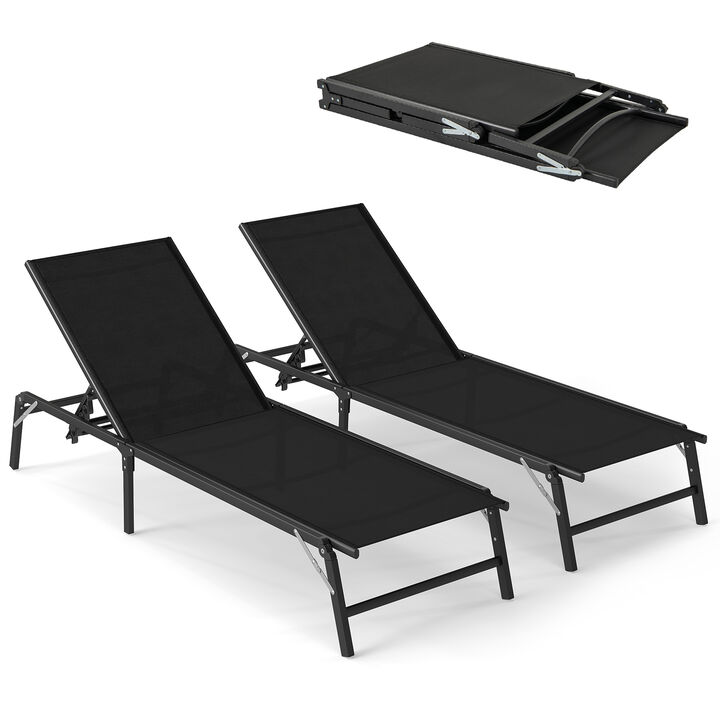 Set of 2 Patio Chaise Lounge Chair Set, Foldable Design-Black