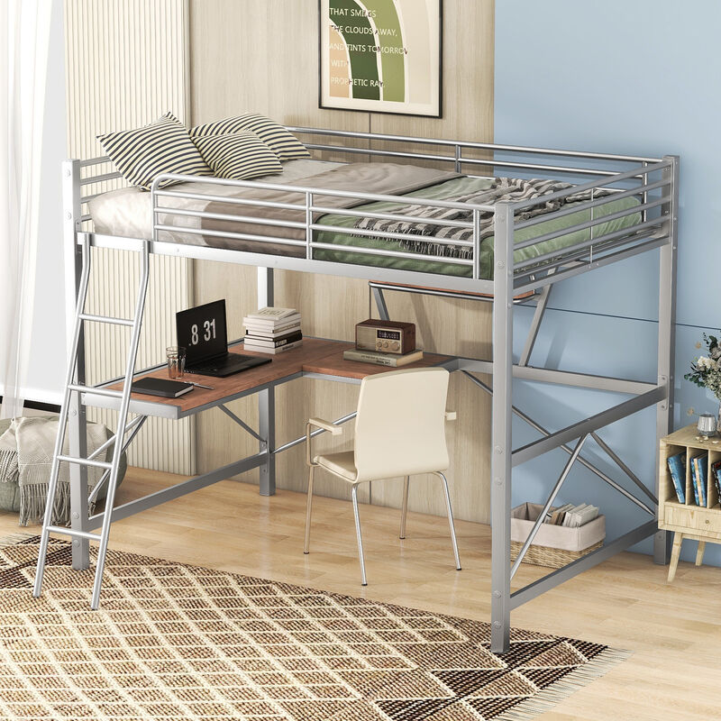Whisen Modern Full Size Metal Loft Bed with Built-in Desk, Shelf and Ladder - Silver