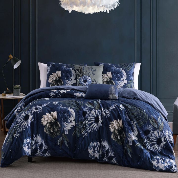 Bebejan Delphine Blue 100% Cotton 230 Thread Count 5-Piece Reversible Comforter Set.