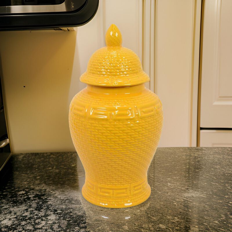Bryan 18 Inch Ceramic Temple Jar, Geometric Print, Finial Top, Yellow - Benzara