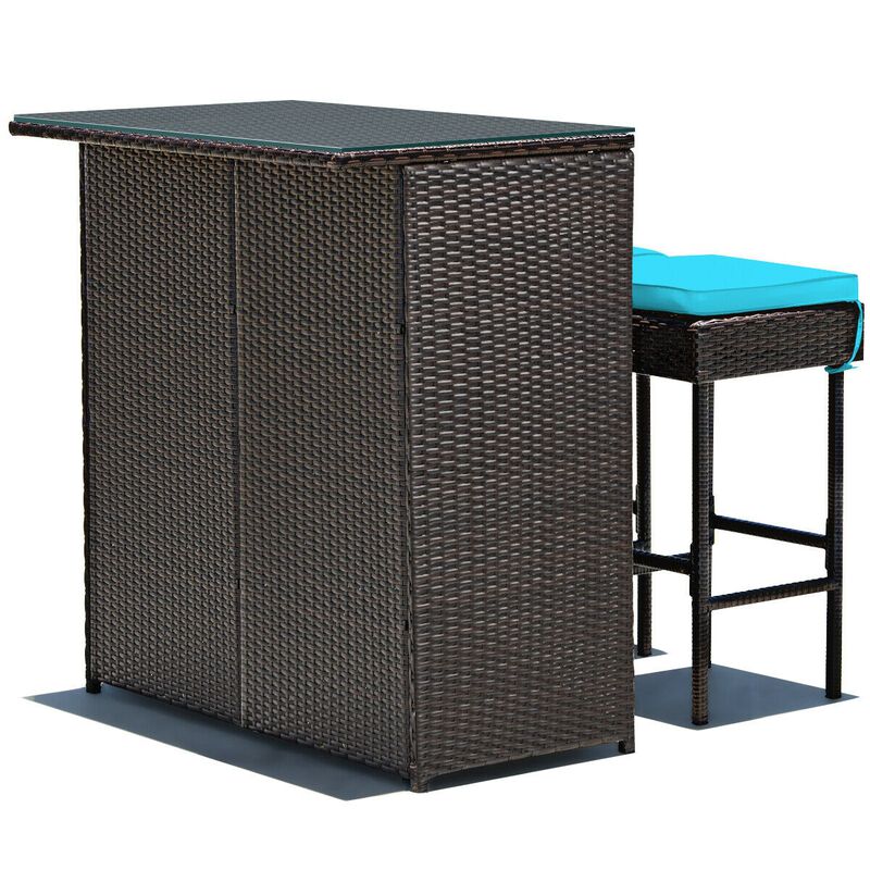3PCS Patio Rattan Wicker Bar Table Stools Dining Set