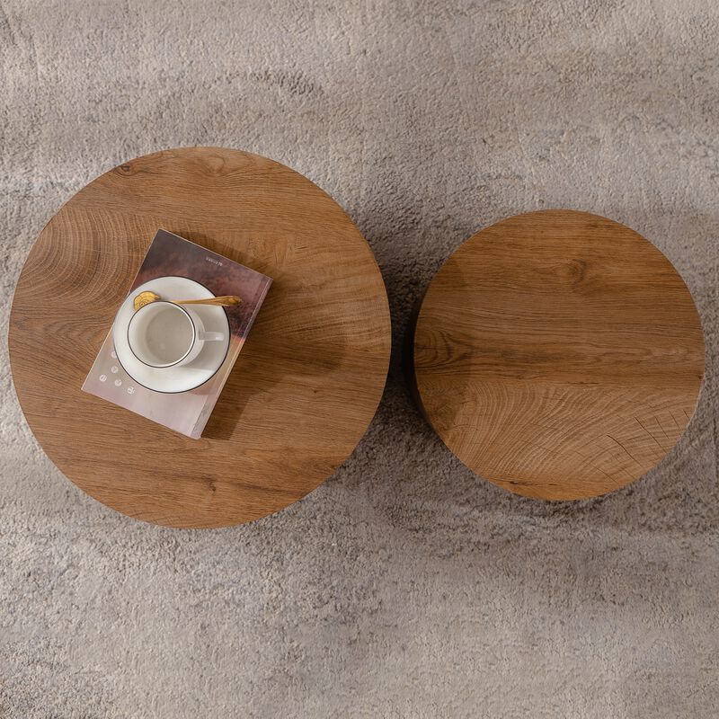Modern Round Drum Nesting Coffee Table Set of 2, Wooden Cylinder Coffee Tables for Living Room, Space-Saving Design image number 3