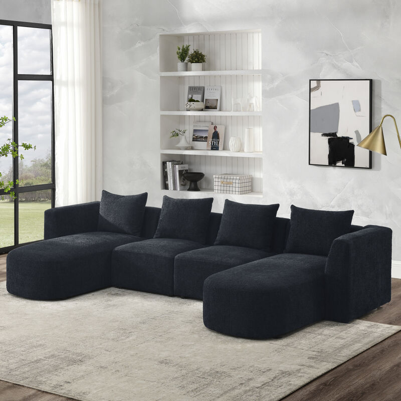 U Shaped Sectional Sofa including Two Single Seats and Two Chaises, Modular Sofa, DIY Combination, Loop Yarn Fabric, Black