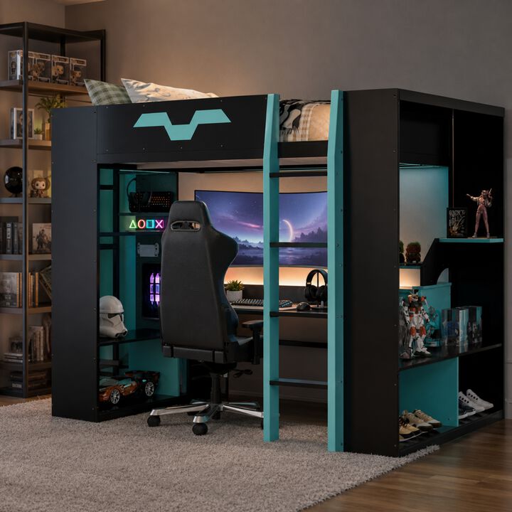 Whisen Full Size Loft Bed with RGB Lights, Power Outlet & Shelves, Wood Gaming Desk for Bedroom