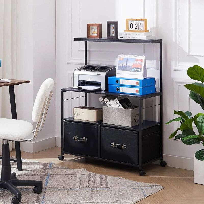Hivvago Industrial Modern Black Metal Wood Printer Stand File Cabinet w/ Fabric Drawers