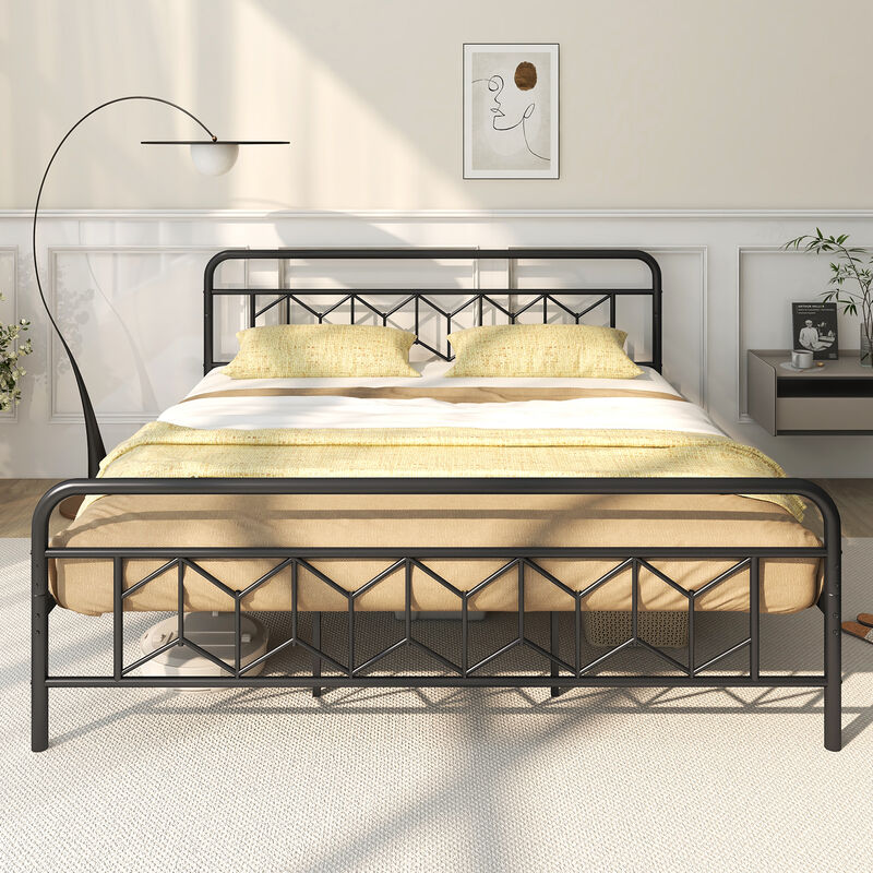 Platform Bed with High Headboard and Snap Lock Metal Slats Support