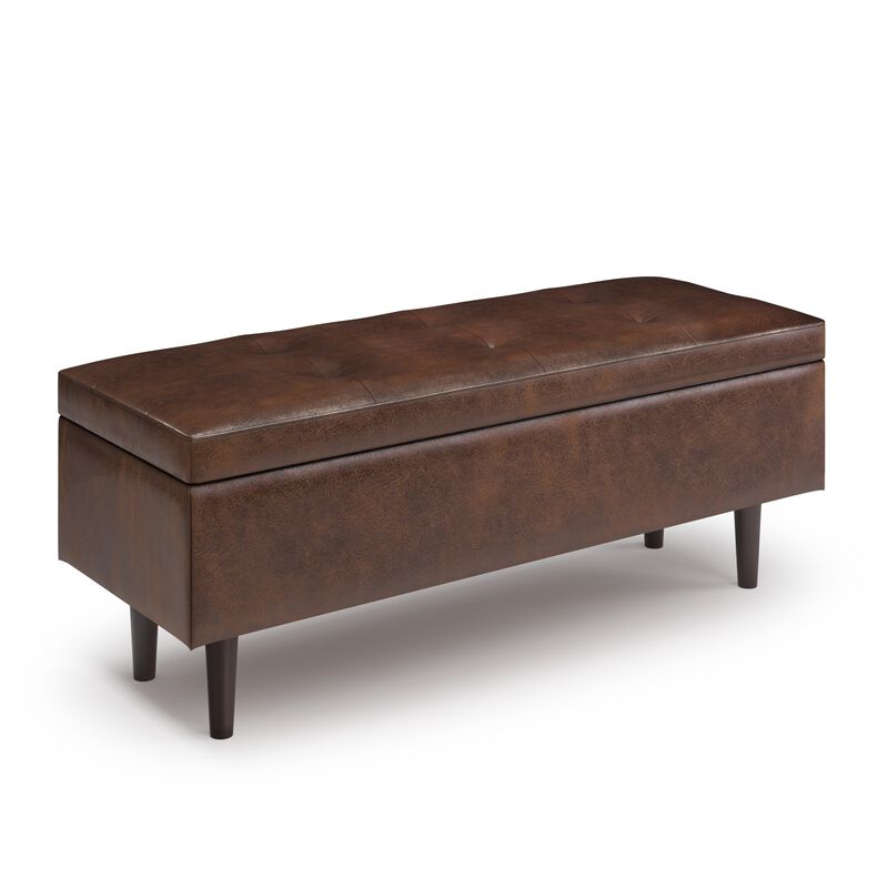 Shay Mid Century Rectangular Storage Ottoman in Distressed Chestnut Brown Faux Leather