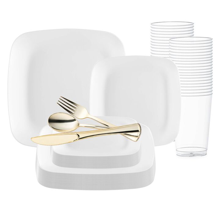 Solid White Flat Rounded Square Plastic Wedding Value Set (30 Sets)