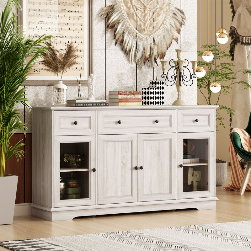 Retro Beige Light Wood Grain 35.4 in. Height Storage Cabinet, Sideboard, Food Pantry with 3-Drawer and 5-Shelf