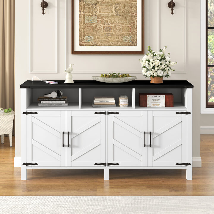 TATEUS Modern Buffet Cabinet with Built-in Charging Station, Aluminum Handles & Half-Open Shelves.