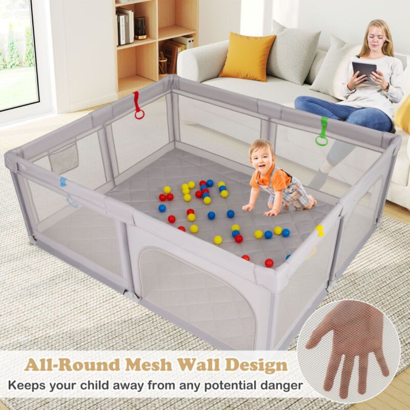 Large Infant Playpen, Activity Yard with Pull Rings & Ball Pit Balls-Gray image number 4