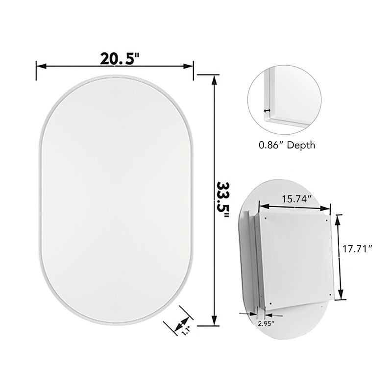 ELEMENT ACE 20x34 Inch Oval Recessed Medicine Cabinet with Mirror and Adjustable Shelves image number 2