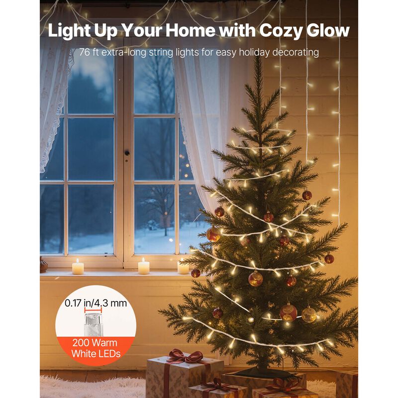 VEVOR LED Christmas String Lights 200 LED 76 ft Connectable Warm White Lights image number 1