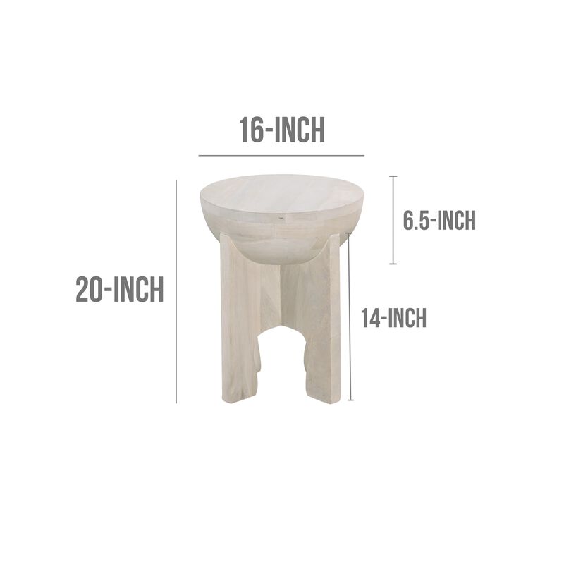 Tomas 20 Inch Side End Table, Mango Wood Drum Top, Classic Washed White - Benzara